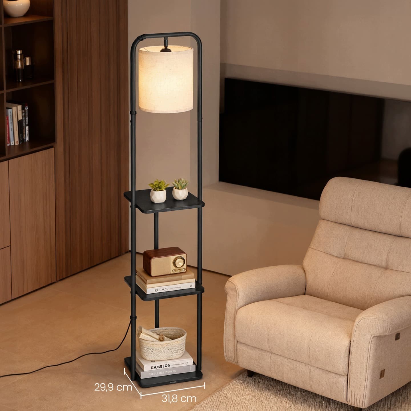 Lampa stojąca z półkami Vasagle, czarna