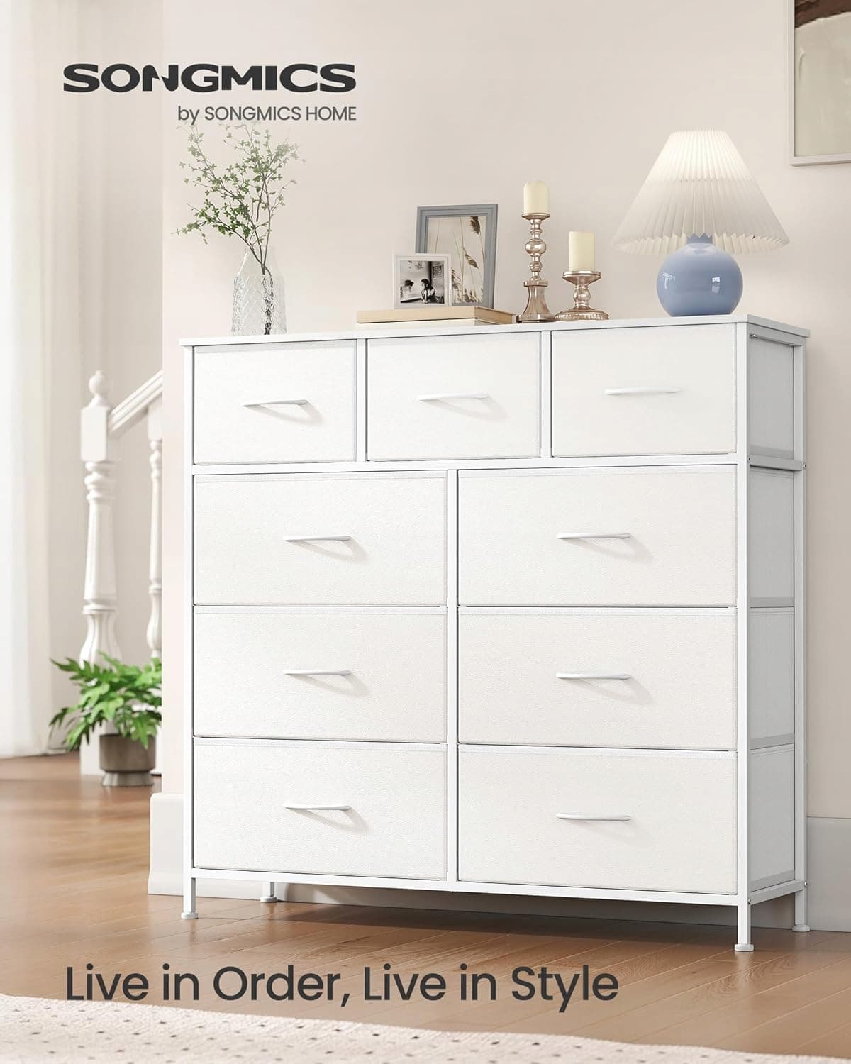 Komoda, 9 szuflad z tkaniny z uchwytami, metalowa rama 30x 98,8x 95,2 biały