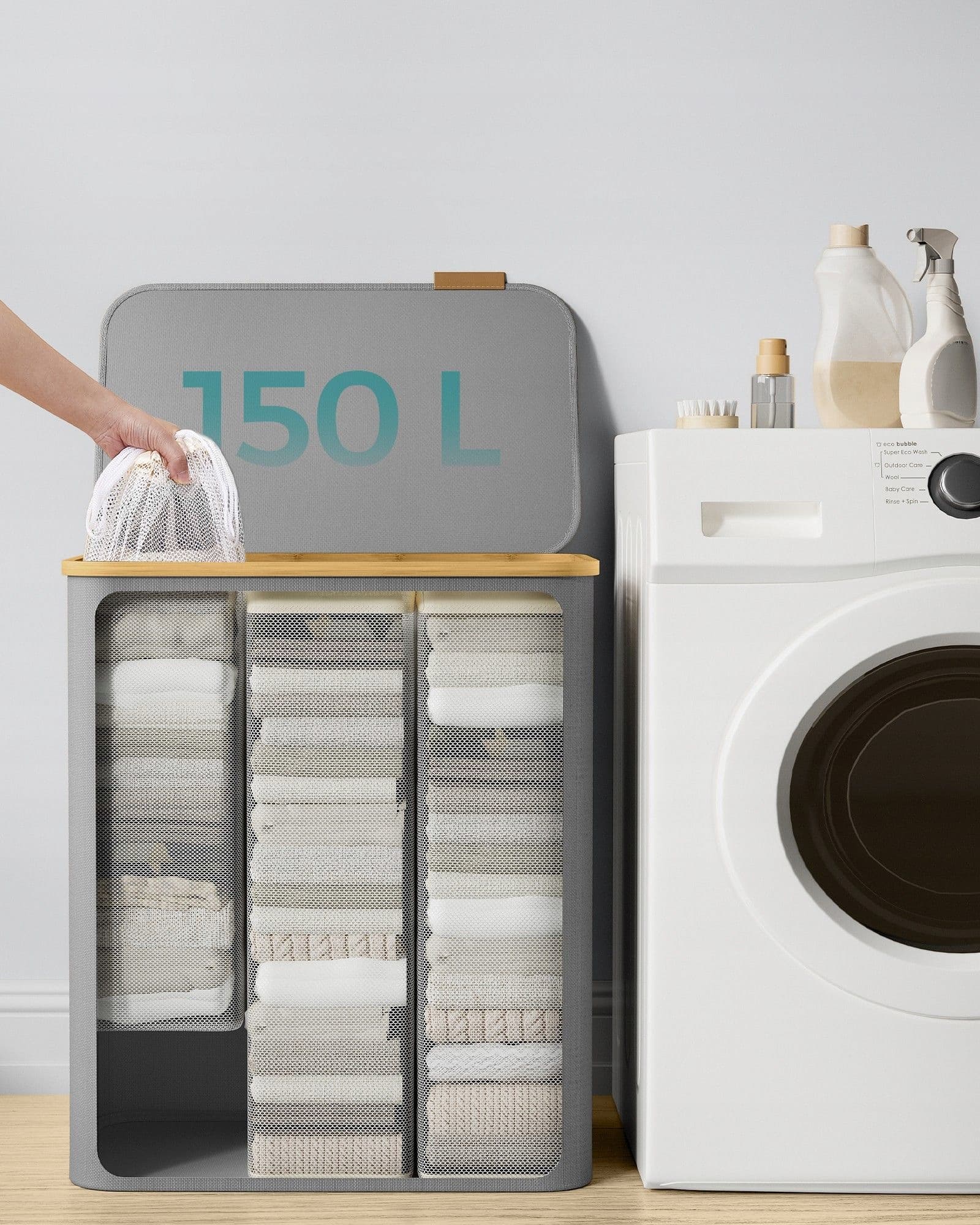 Kosz wolnostojący na pranie pokrywą Songmics 150l szary